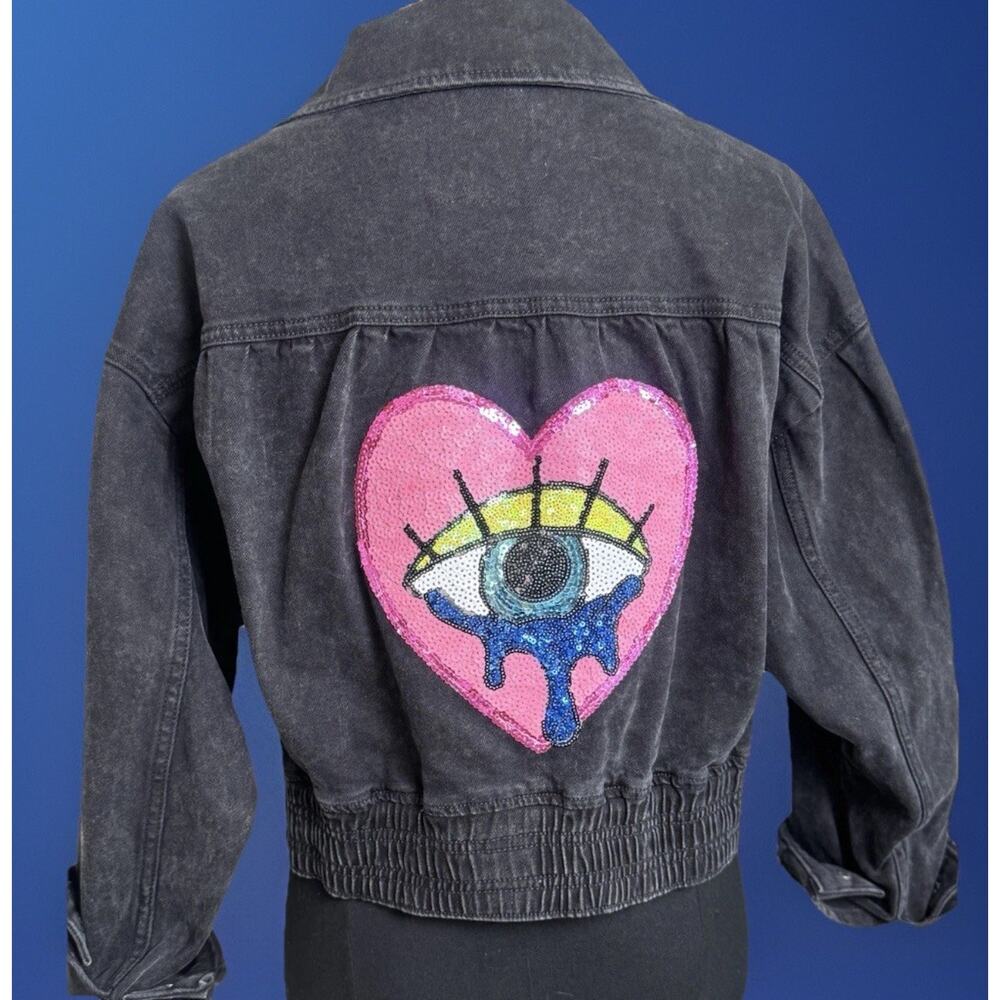 Custom Black Cropped Denim Jacket | Sequin Evil Eye | Boho | Soft Witch |